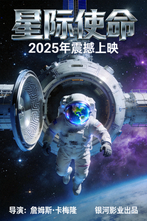 科幻太空电影海报，宇航员在太空站外